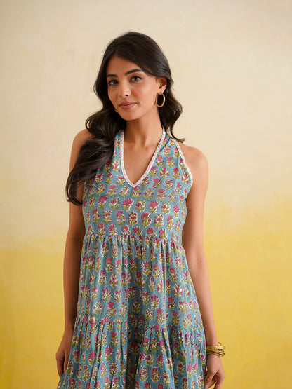 Tiered Halter Neck Dress Turquoise