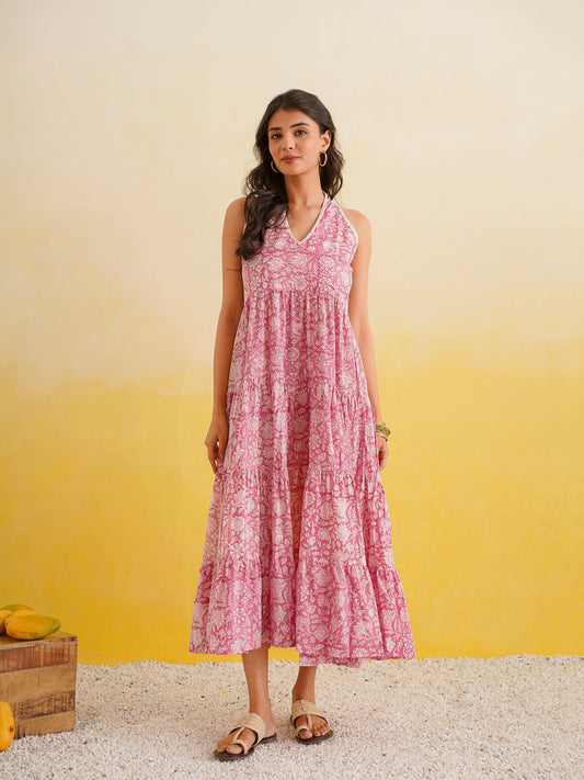 Tiered Halter Neck Dress Pink