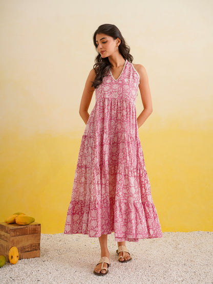 Tiered Halter Neck Dress Pink