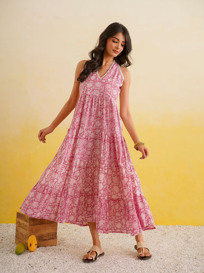Tiered Halter Neck Dress Pink
