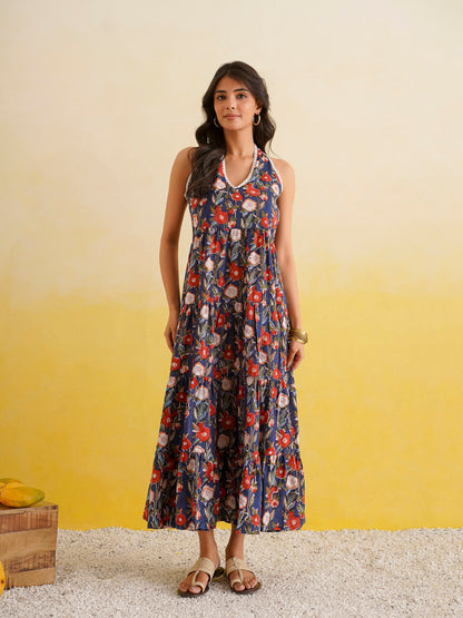 Tiered Halter Neck Dress Blue