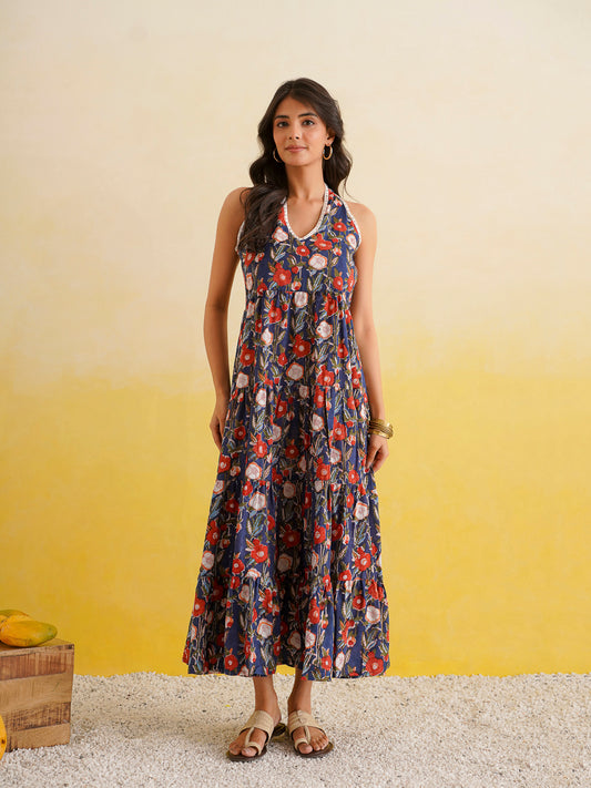 Tiered Halter Neck Dress Blue