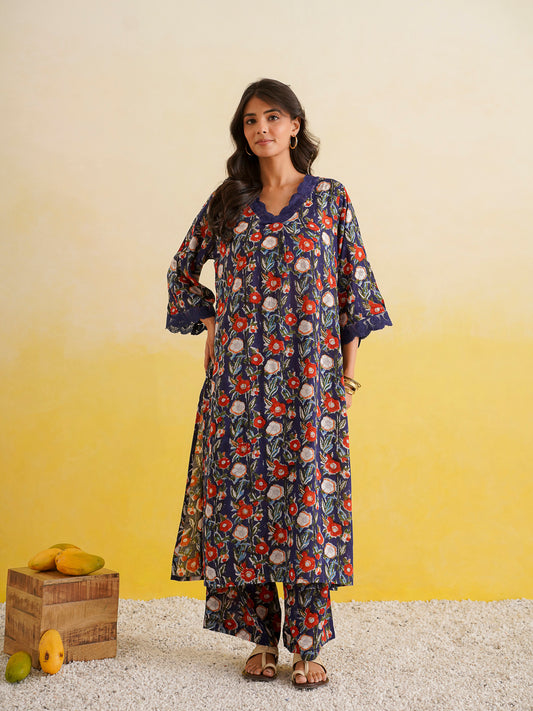 Block Printed Cotton Kurta Pant Bagiya Set Blue