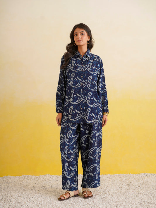 Block Printed Cotton Shirt Pant Meher Set Indigo