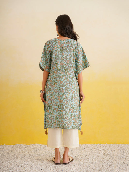 Knee-Length Cotton Tassel Kaftan Green