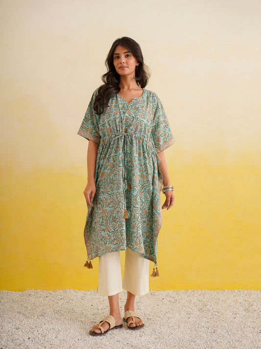 Knee-Length Cotton Tassel Kaftan Green