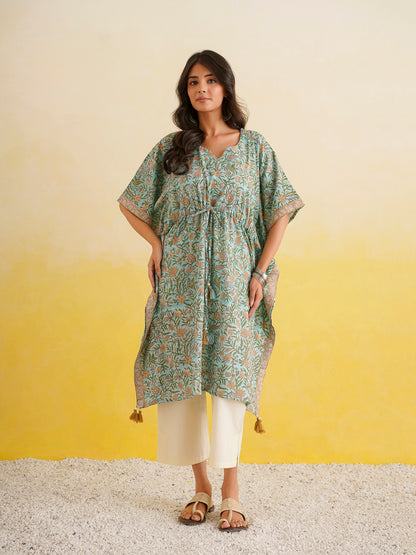 Knee-Length Cotton Tassel Kaftan Green