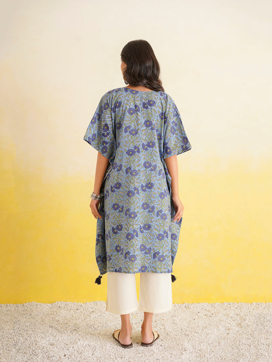 Knee-Length Cotton Tassel Kaftan Blue