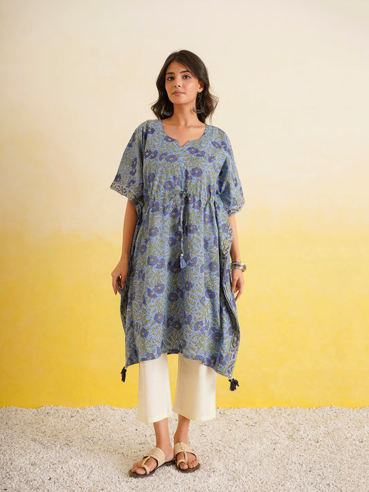 Knee-Length Cotton Tassel Kaftan Blue