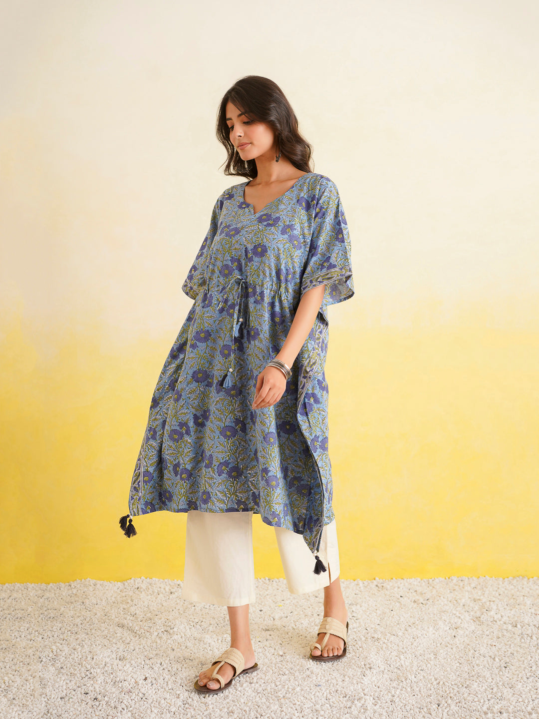 Knee-Length Cotton Tassel Kaftan Blue