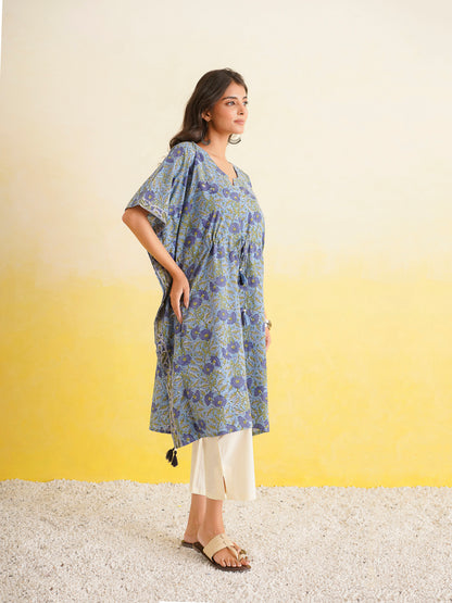 Knee-Length Cotton Tassel Kaftan Blue
