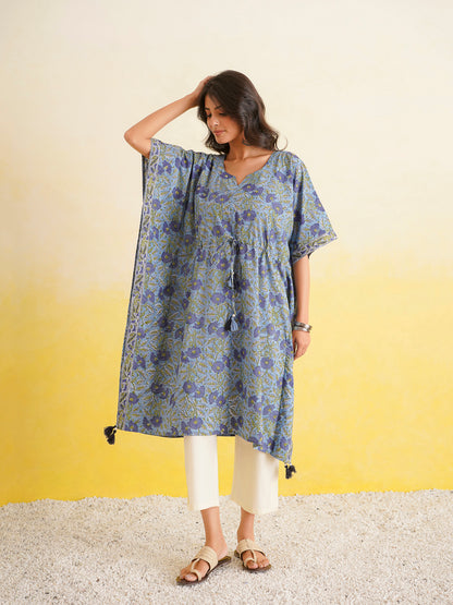 Knee-Length Cotton Tassel Kaftan Blue