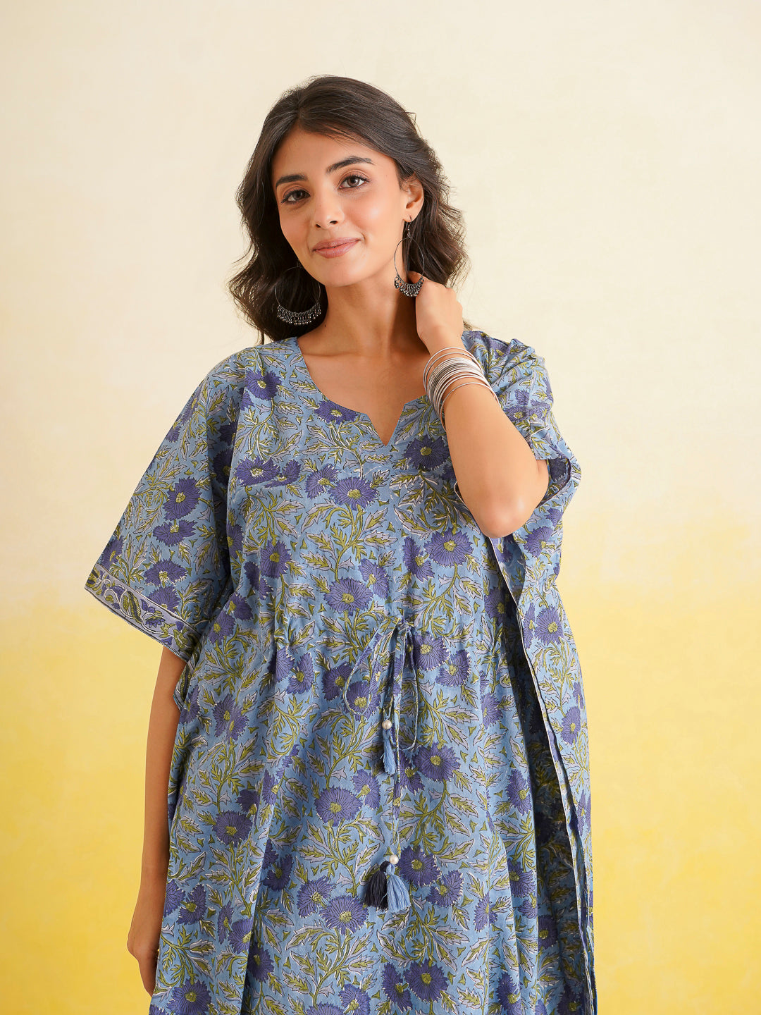 Knee-Length Cotton Tassel Kaftan Blue