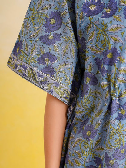 Knee-Length Cotton Tassel Kaftan Blue