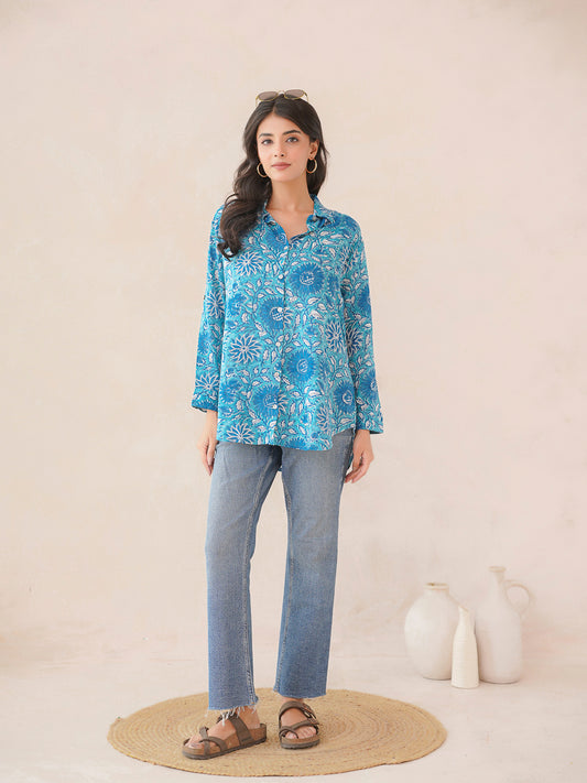 Block Printed Cotton Meher Shirt Light Blue