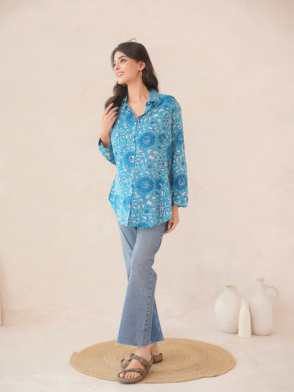 Block Printed Cotton Meher Shirt Light Blue