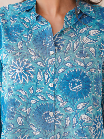 Block Printed Cotton Meher Shirt Light Blue