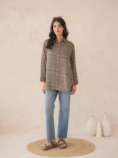 Block Printed Cotton Meher Shirt Green