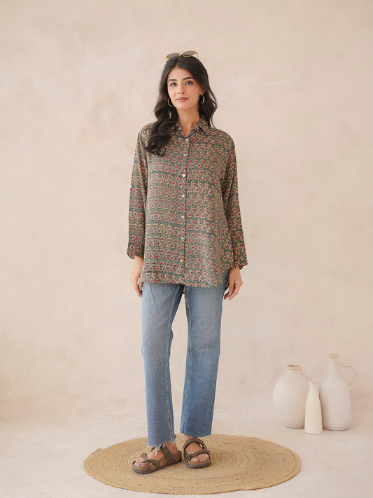 Block Printed Cotton Meher Shirt Green