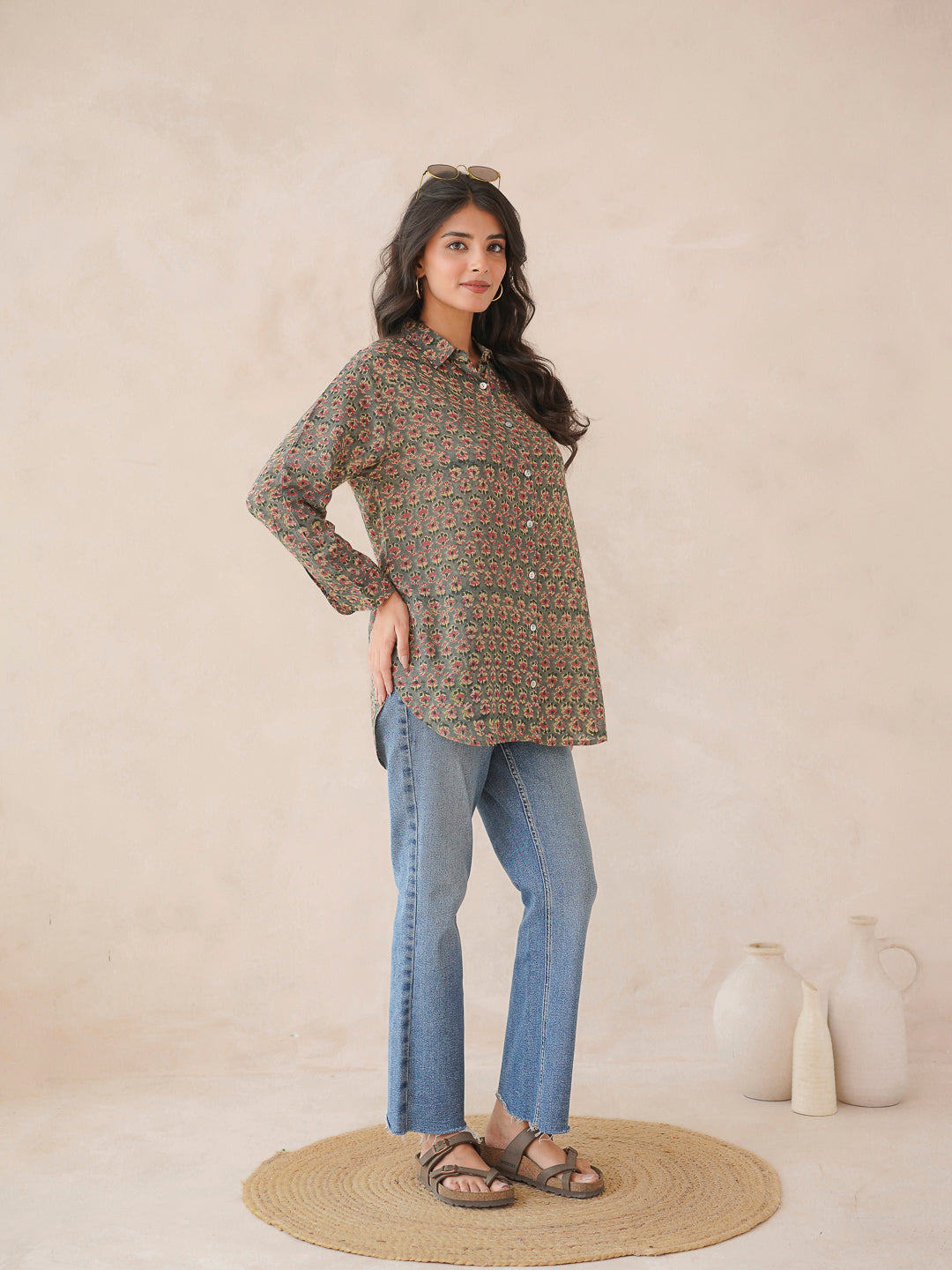 Block Printed Cotton Meher Shirt Green