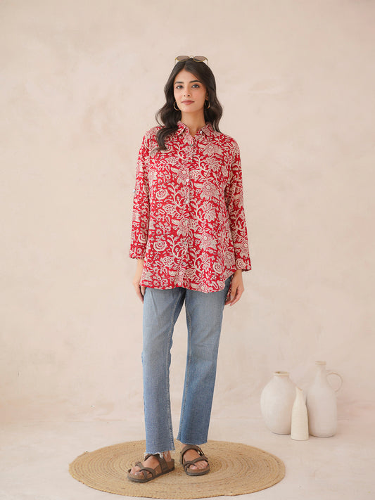 Block Printed Cotton Meher Shirt Cherry Red