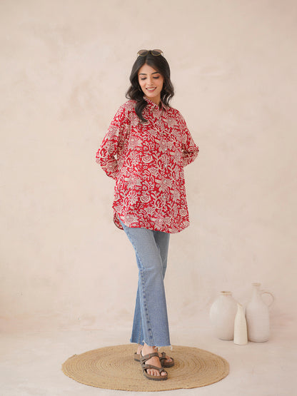 Block Printed Cotton Meher Shirt Cherry Red