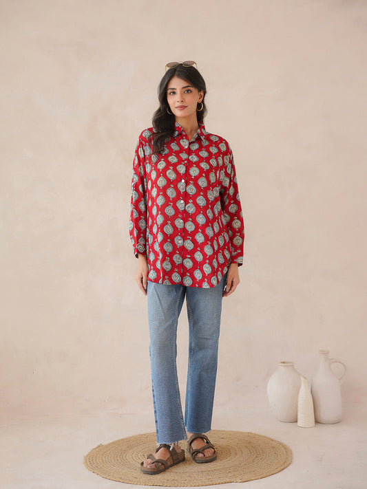 Block Printed Cotton Meher Shirt Red