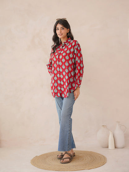 Block Printed Cotton Meher Shirt Red