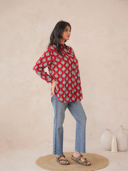 Block Printed Cotton Meher Shirt Red