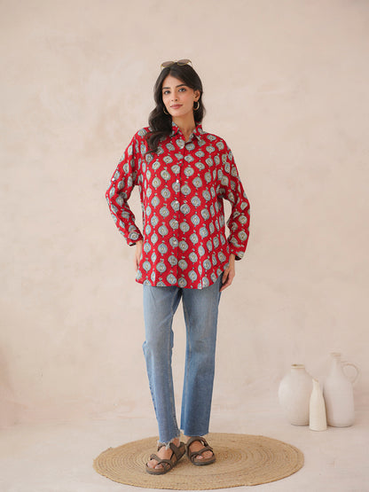 Block Printed Cotton Meher Shirt Red