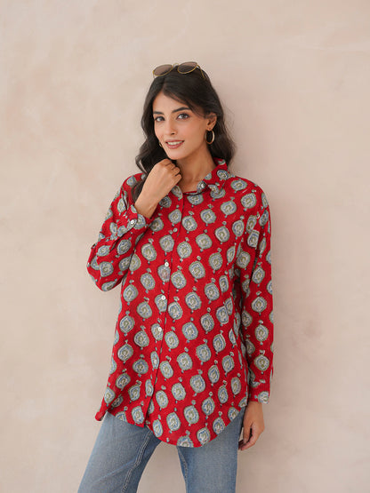 Block Printed Cotton Meher Shirt Red
