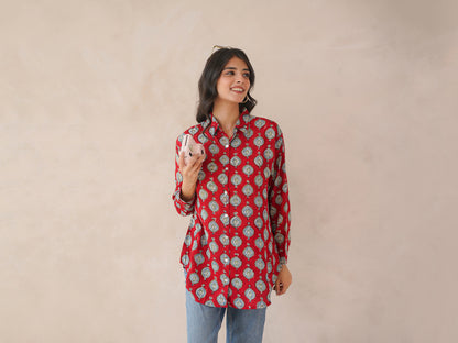Block Printed Cotton Meher Shirt Red