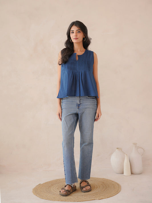 Solid Cotton Sleeveless Breezy Top Blue