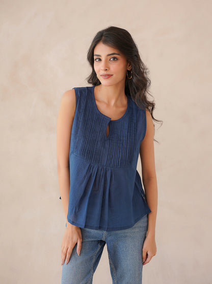 Solid Cotton Sleeveless Breezy Top Blue