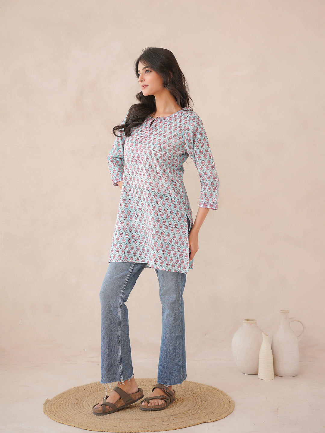 3/4th Sleeve Short Gauhar Kurti Sky-Blue