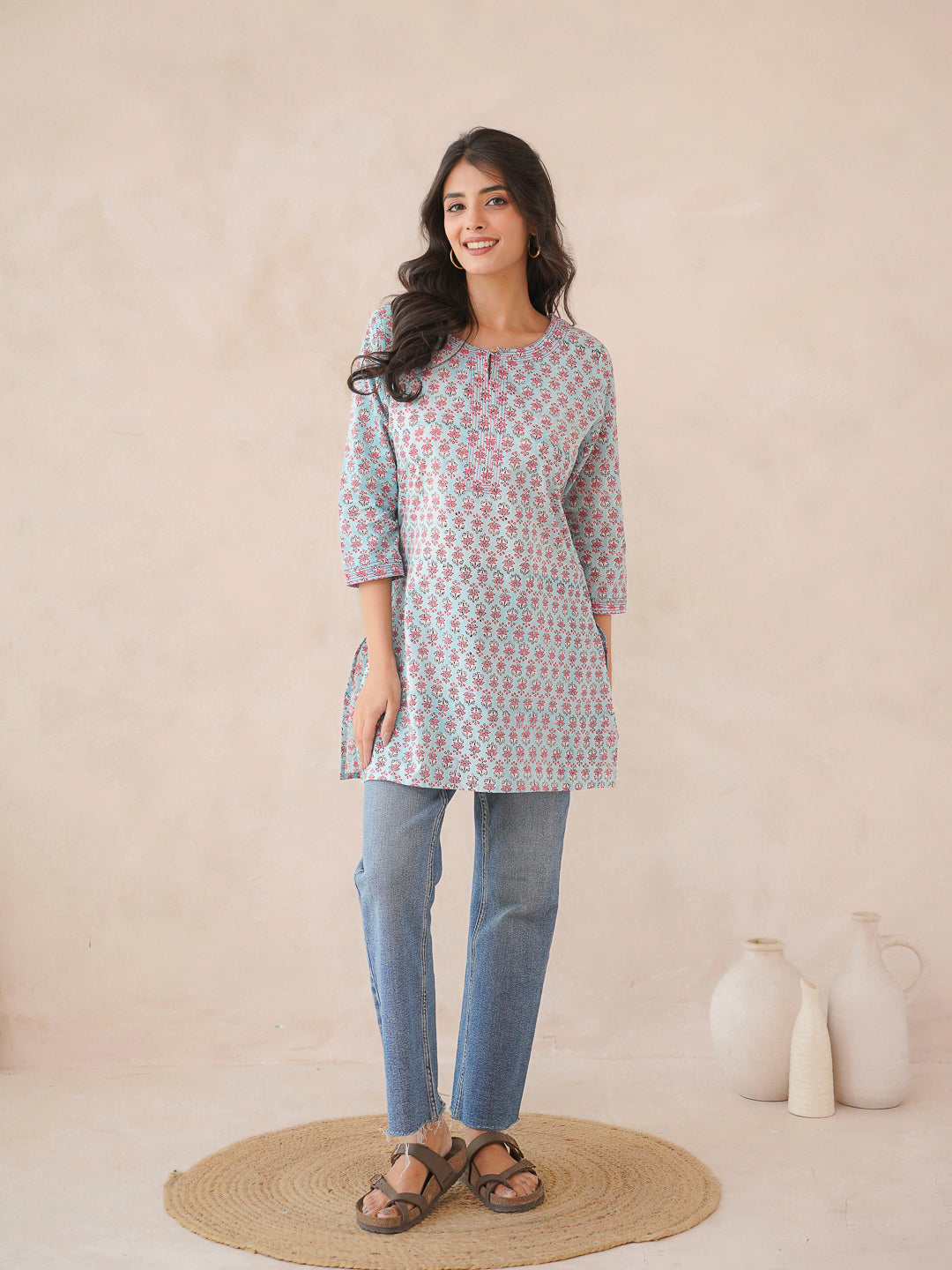3/4th Sleeve Short Gauhar Kurti Sky-Blue