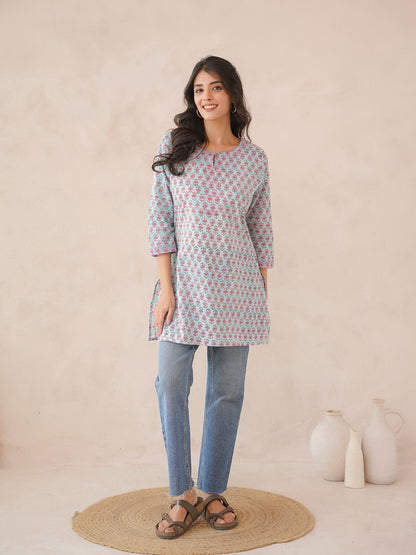 3/4th Sleeve Short Gauhar Kurti Sky-Blue