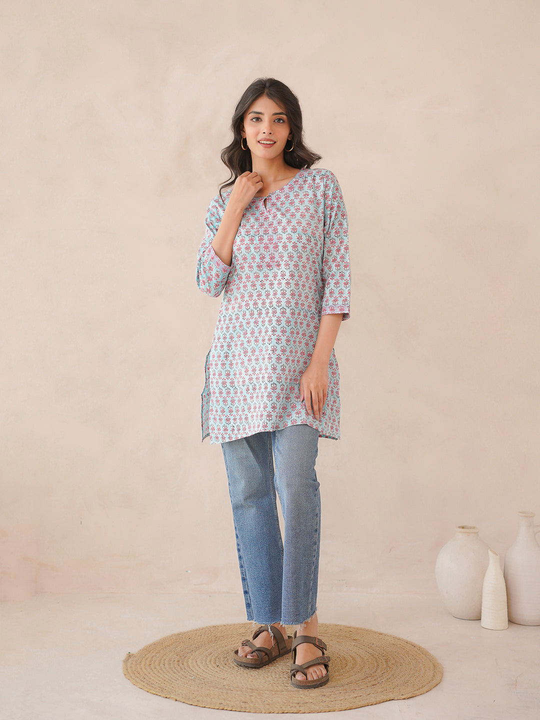 3/4th Sleeve Short Gauhar Kurti Sky-Blue