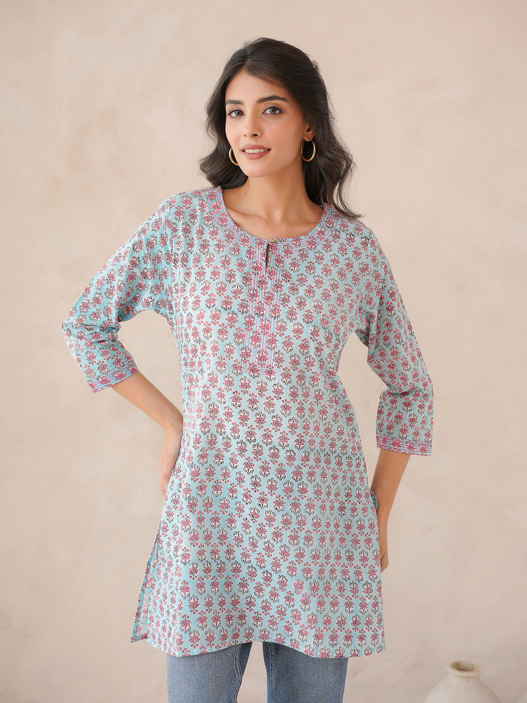 3/4th Sleeve Short Gauhar Kurti Sky-Blue
