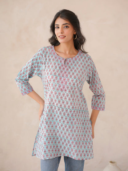 3/4th Sleeve Short Gauhar Kurti Sky-Blue