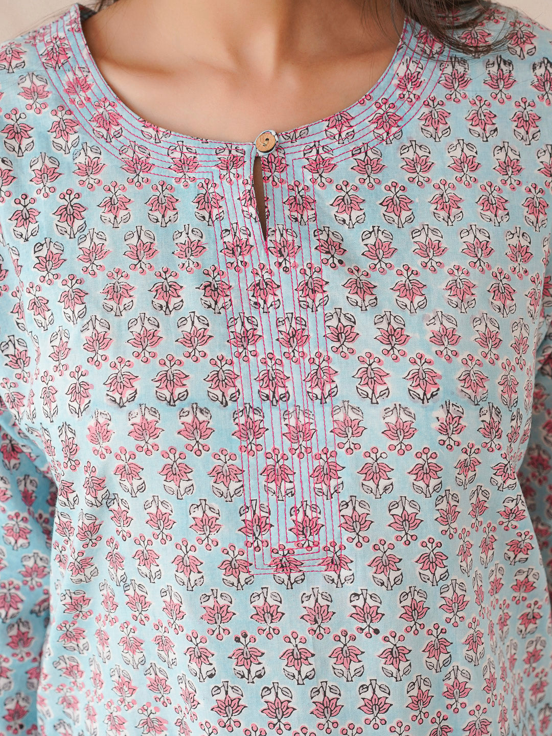 3/4th Sleeve Short Gauhar Kurti Sky-Blue