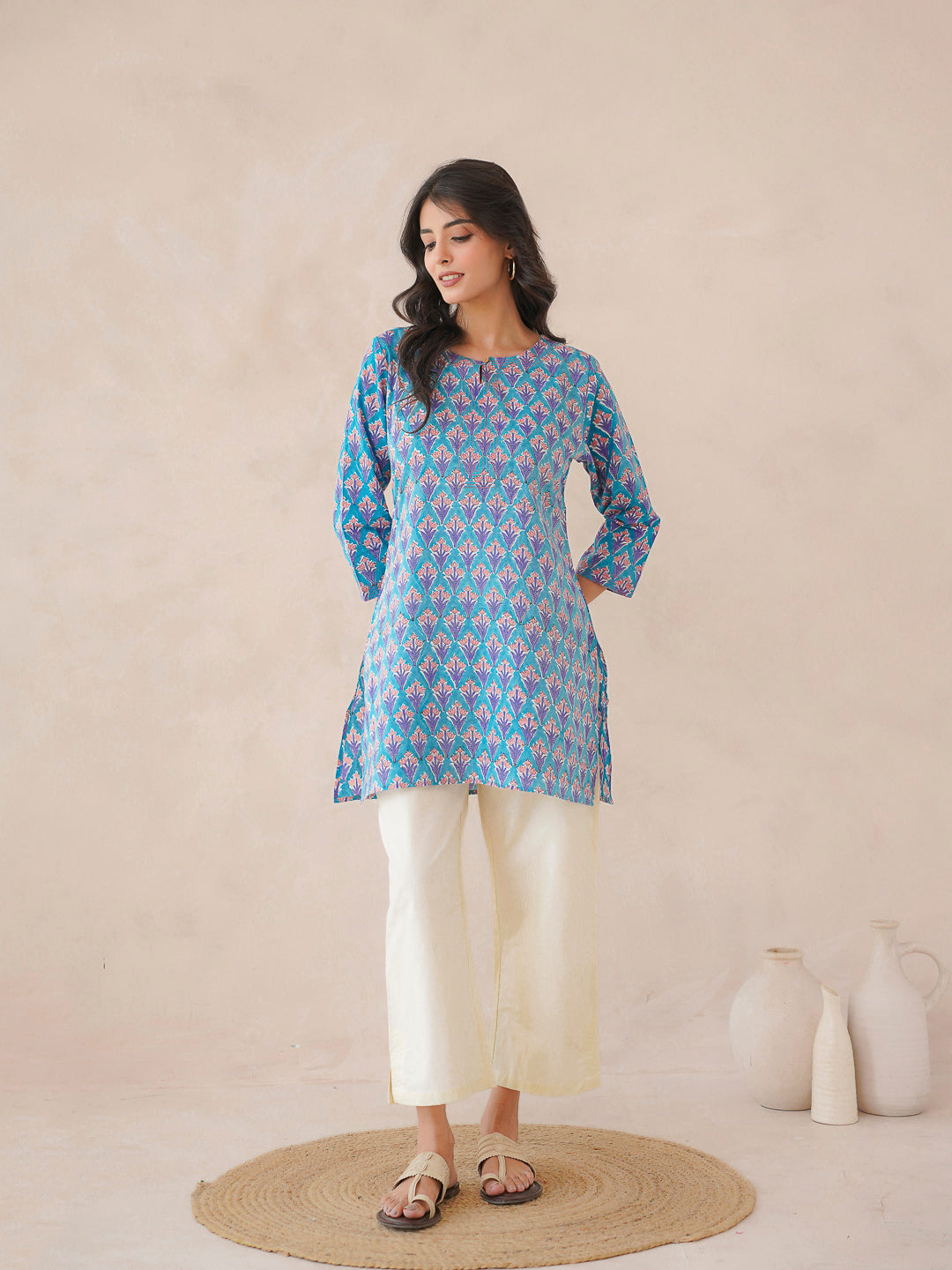 3/4th Sleeve Short Gauhar Kurti Light Blue