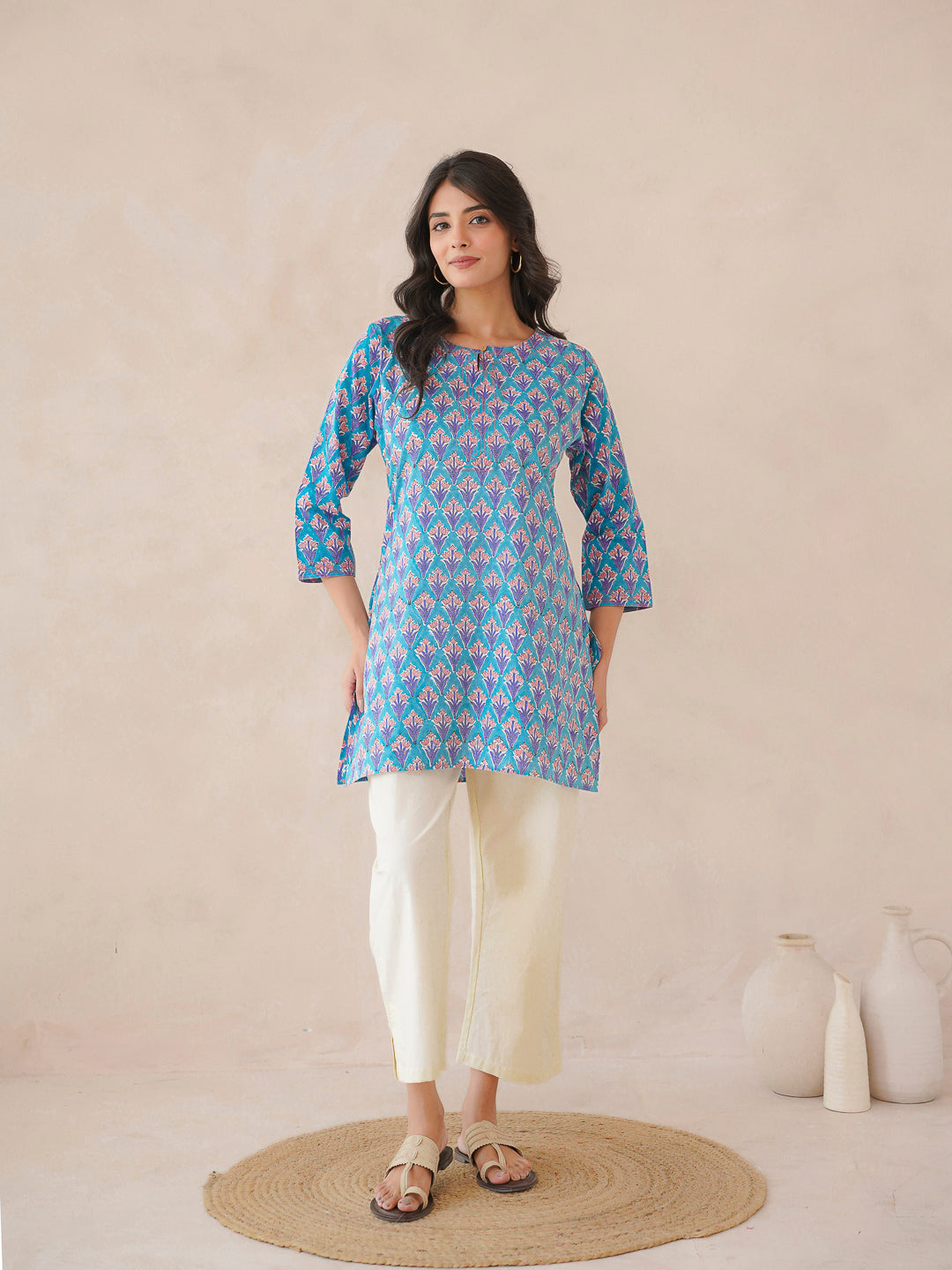 3/4th Sleeve Short Gauhar Kurti Light Blue