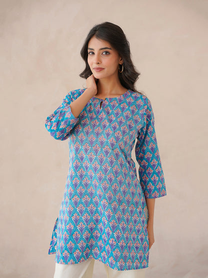 3/4th Sleeve Short Gauhar Kurti Light Blue