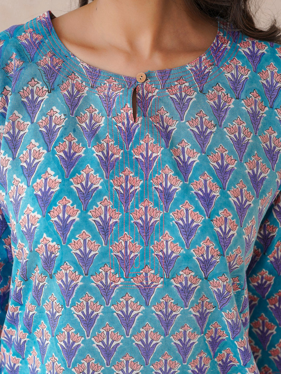 3/4th Sleeve Short Gauhar Kurti Light Blue