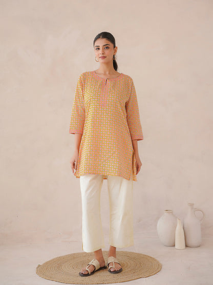 3/4th Sleeve Short Gauhar Kurti Yellow