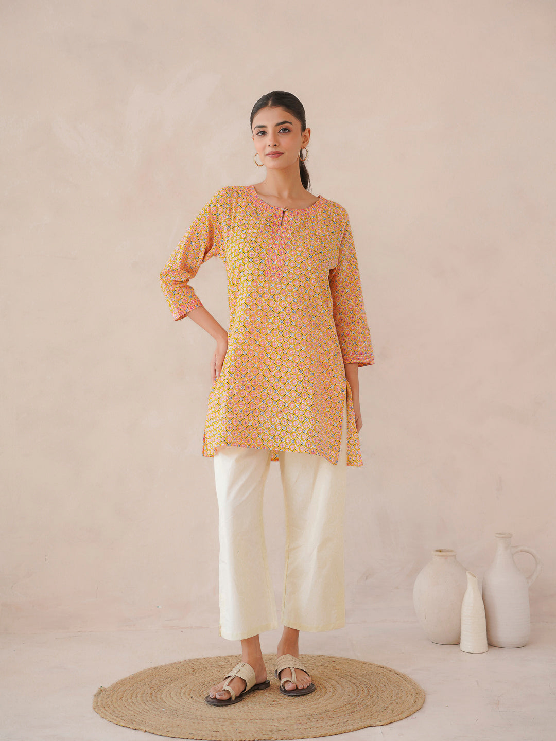 3/4th Sleeve Short Gauhar Kurti Yellow