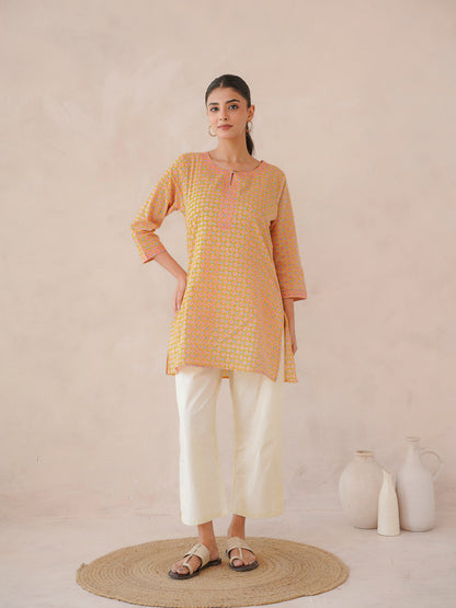 3/4th Sleeve Short Gauhar Kurti Yellow