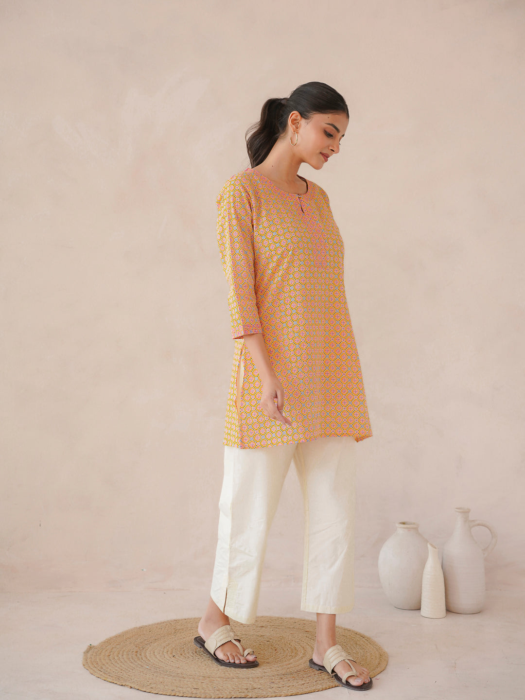 3/4th Sleeve Short Gauhar Kurti Yellow