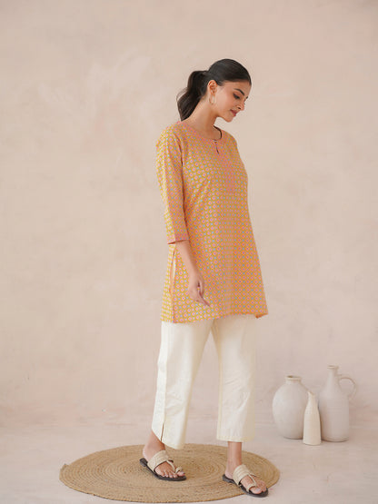 3/4th Sleeve Short Gauhar Kurti Yellow